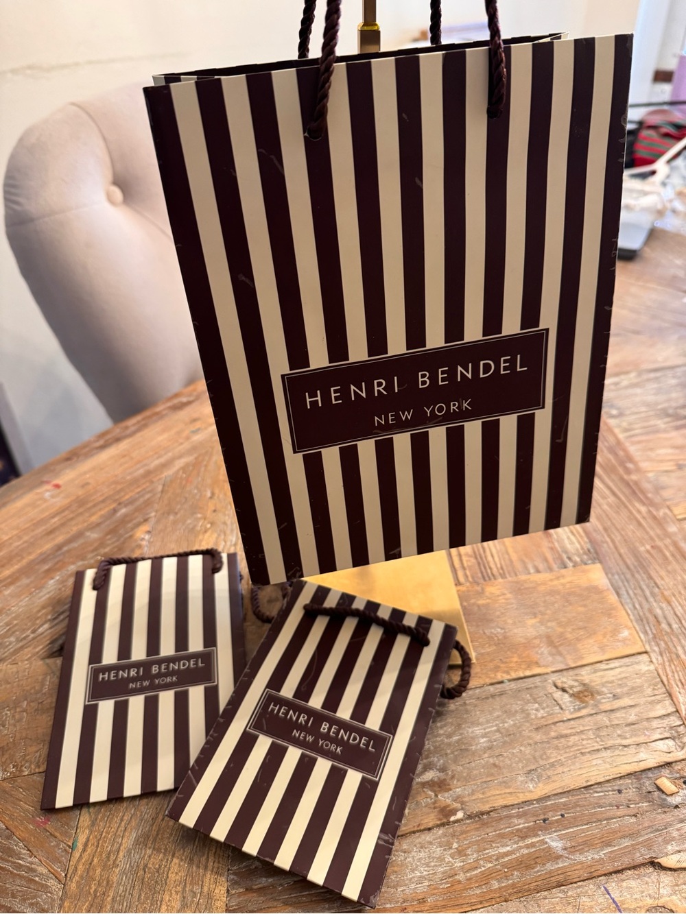henri bendel Brown & Cream Striped Gift Bag with Matching Tags